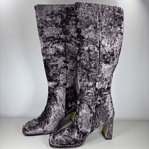 Sam Edelman Women's Velvet Knee High Boots Gray Crushed Square Toe Block Heel 8M